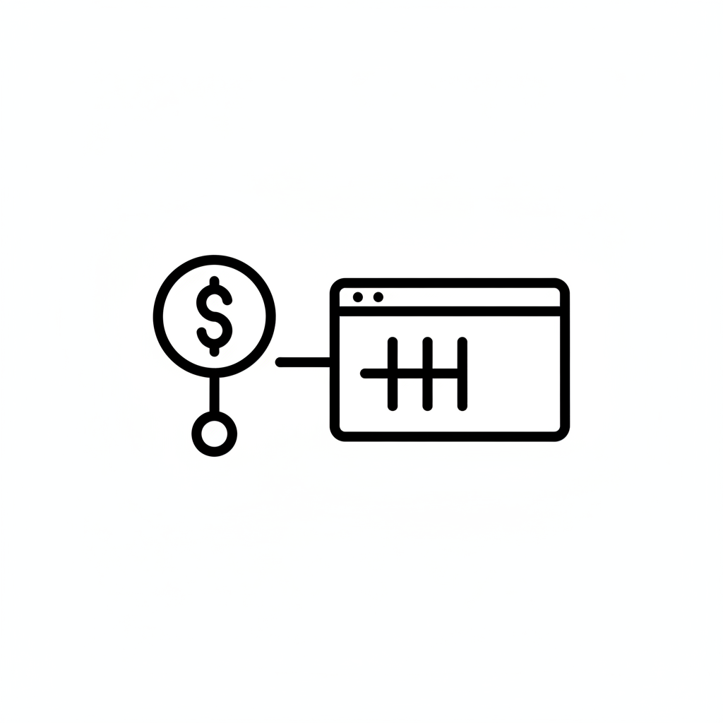 Black and white minimal icon representing budget transparency, showing a payment or money symbol connected directly to a platform or screen, clean flat design, professional finance style, no text, white background, simple icon