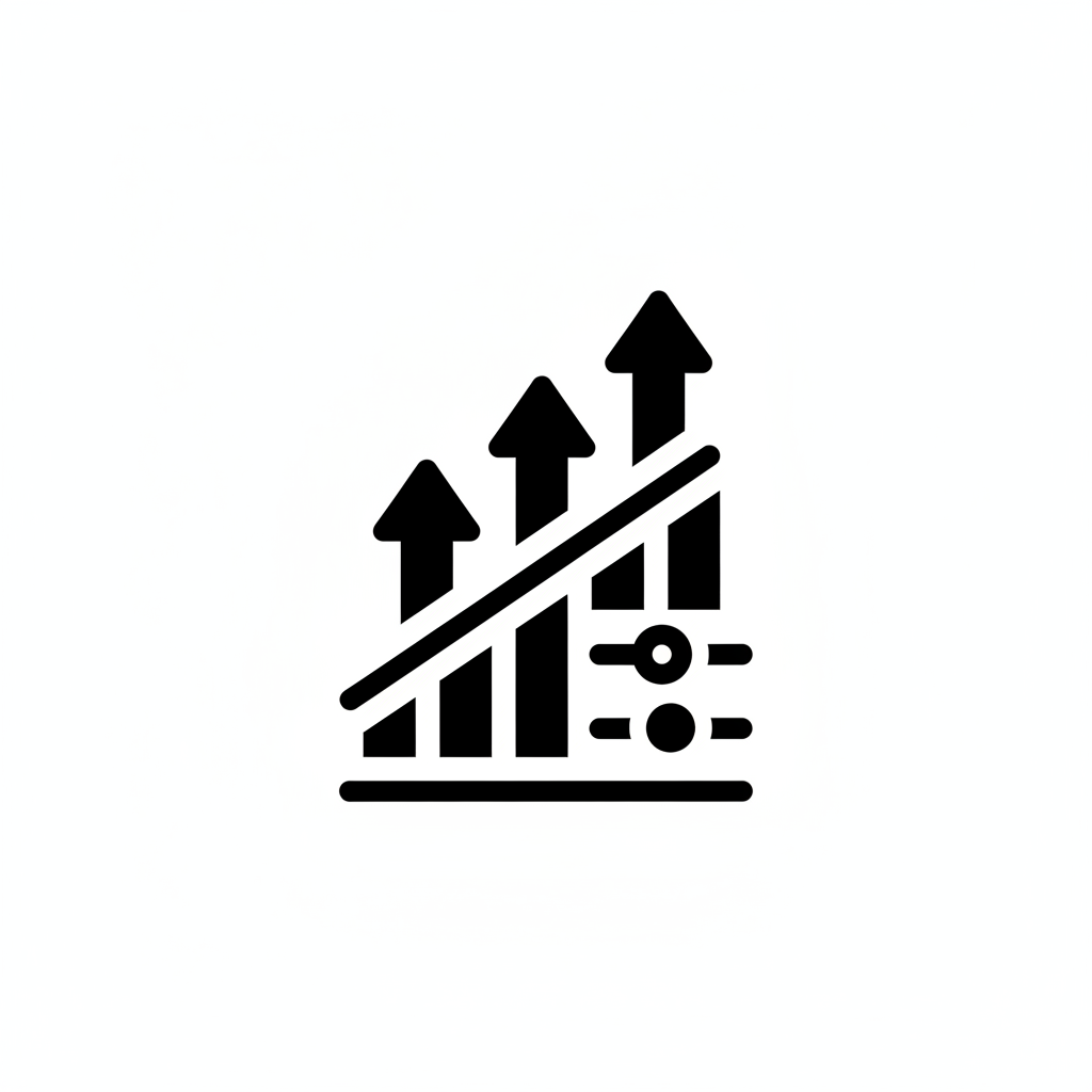 Black and white minimal icon representing performance optimization, showing upward arrows, charts, or adjustment controls, clean flat design, professional growth style, no text, white background, modern icon