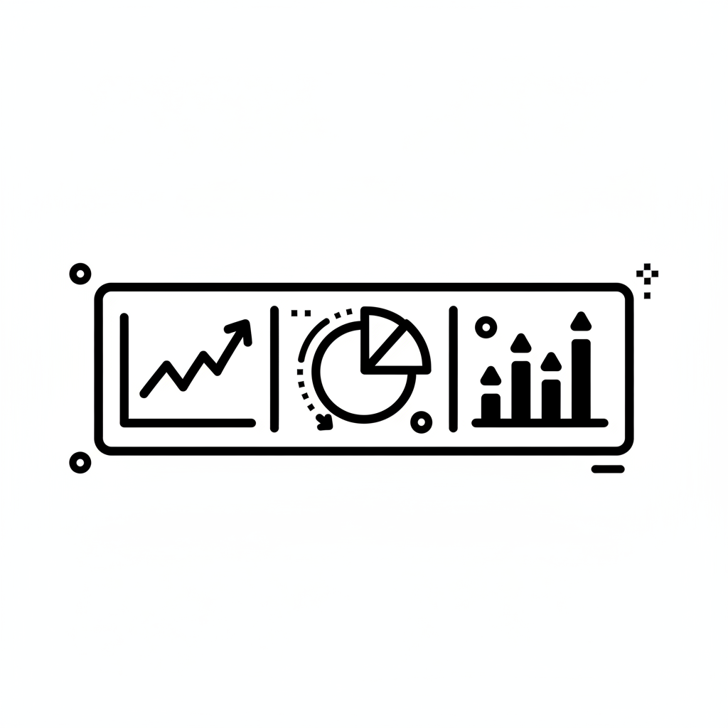 Black and white minimal icon representing real-time reporting and analytics, showing a dashboard with charts or graphs updating live, clean flat design, professional analytics style, no text, white background, modern simple icon