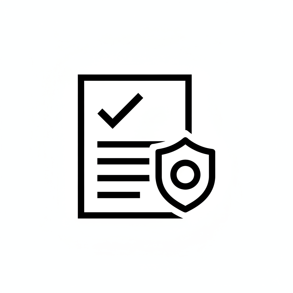 Create a black and white vector icon showing approval workflow: checklist with a checkmark and a stamp or shield, minimal style, no text.
