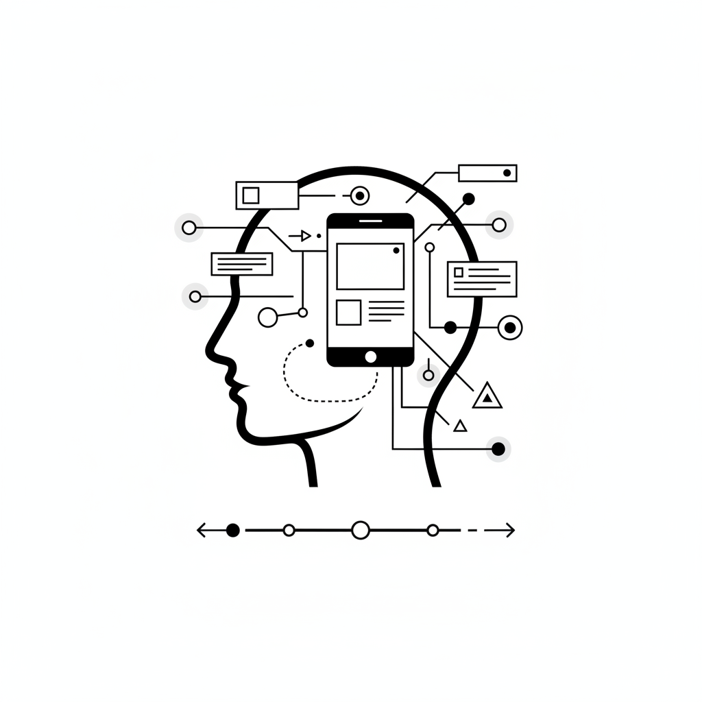 Create a clean, minimal black and white PNG icon or illustration representing strategic user experience design. Focus on abstract UX concepts like user flow, interface paths, wireframes, or user journey maps. No text, simple and modern.
