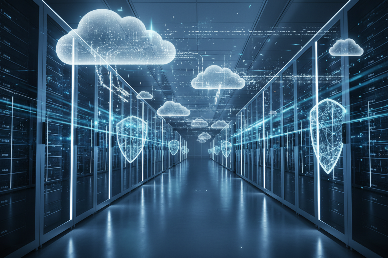 Create a high quality, visually rich image of a modern data center and cloud server environment, representing premium website hosting and maintenance services. Include visual metaphors for uptime, security, and performance — glowing servers, cloud networks, digital landscape, professional tech atmosphere, realistic and modern, no text.
