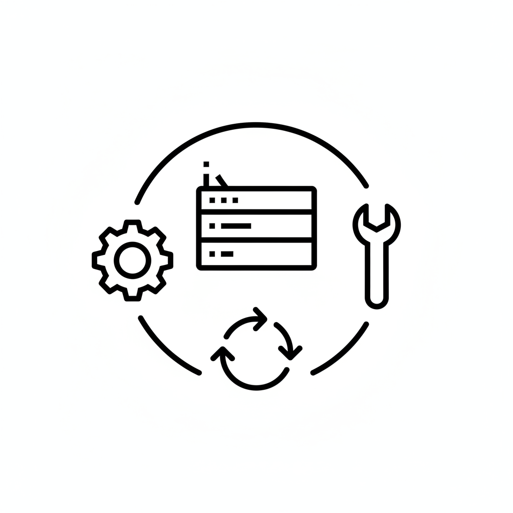 Create a minimal black and white PNG image showing continuous maintenance and updates. Use imagery like gears, wrench, update arrows around a server or website interface. No text.
