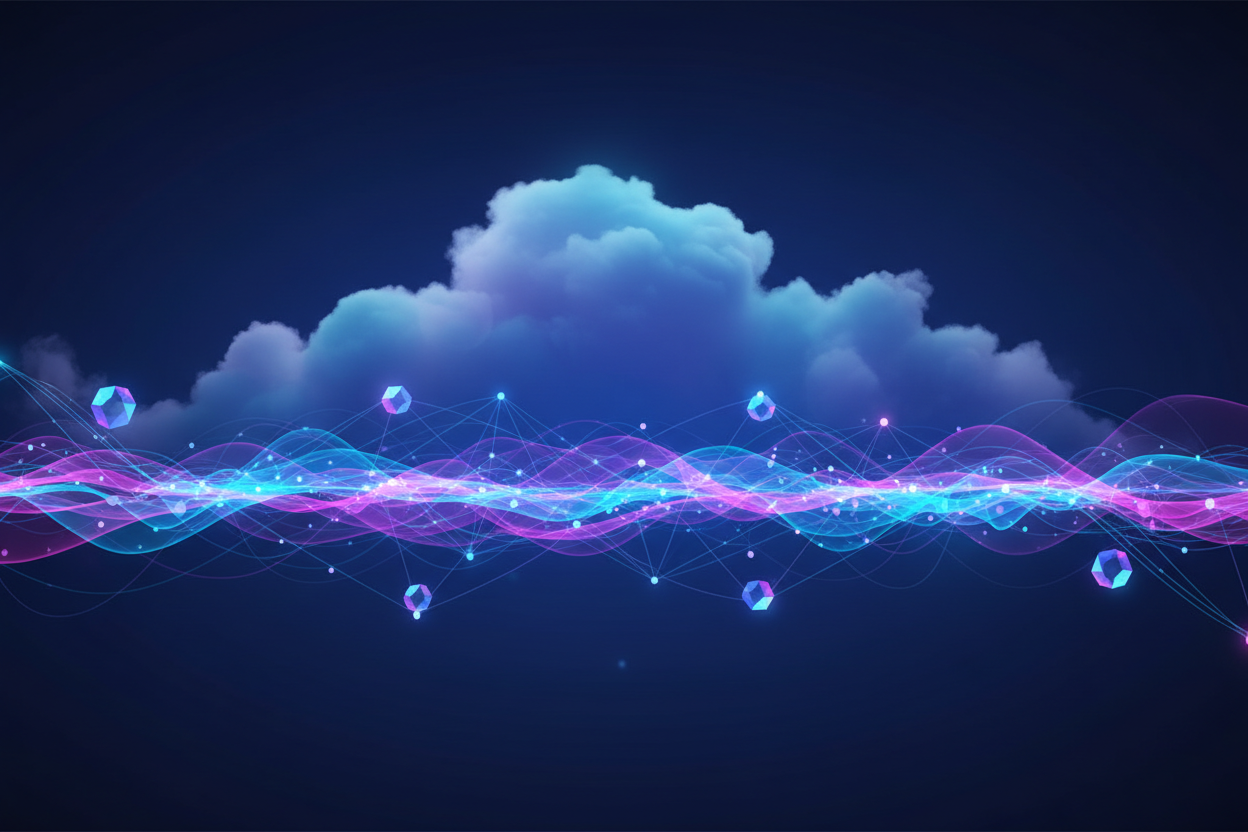 Create a wide, atmospheric background image suitable for a CTA banner: a stylized cloud and network backdrop with abstract digital waveforms, glowing connectivity lines, and a sense of continuous support. Modern, clean, tech-savvy aesthetic, no text.
