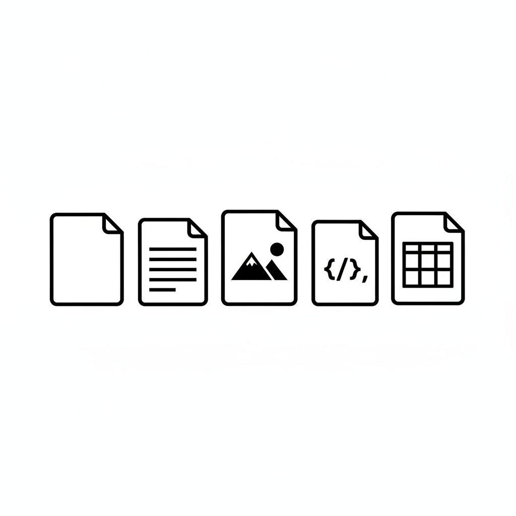 Create an icon set PNG illustrating professional file formats (generic file icons with different shapes). Black and white minimalist. No text, clear visual style.
