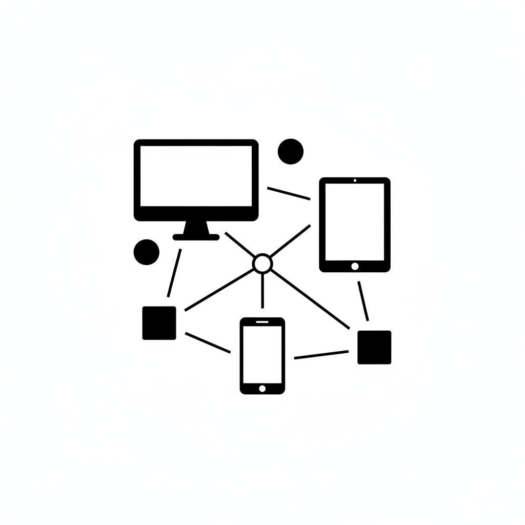 Generate a black and white flat vector icon illustrating cross-platform support: interconnected screens or generic social platform shapes, minimal lines, no text.
