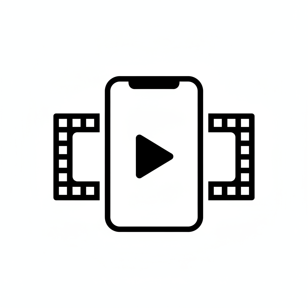Generate a black and white flat vector icon representing short vertical video content: smartphone frame with play button inside and film strip elements, no text.
