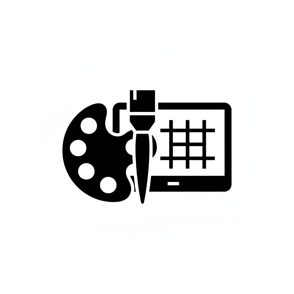 Generate a black and white flat vector icon symbolizing branded content creation: a paint palette and rectangle or brush and screen, minimal style, no text.
