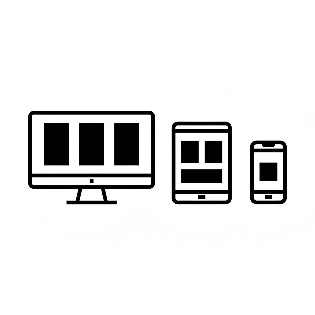 Generate a black and white PNG image showing responsiveness concept: multiple devices (desktop, tablet, phone) in simple icon form or minimal illustration. No text, crisp and modern.

