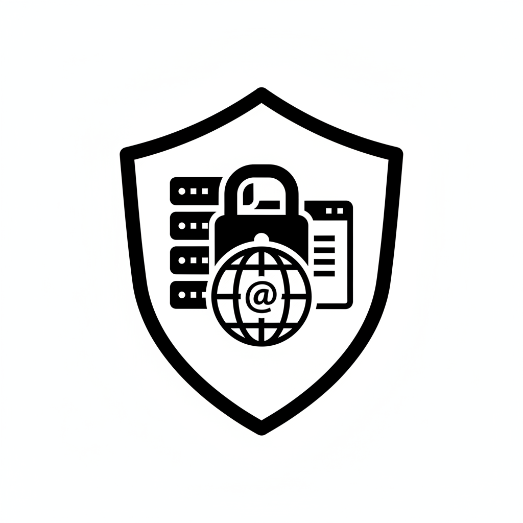 Generate a clean black and white PNG illustration that represents website security and monitoring. Use shield icon, lock, or defensive barrier around a server or website shape. No text.
