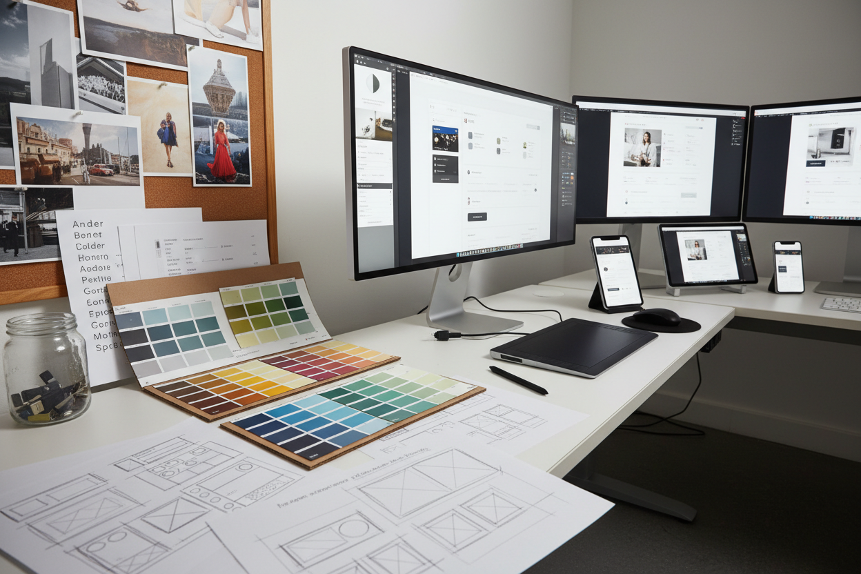 Generate a detailed, realistic image showing multiple aspects of web design: wireframes, layout grids, color palette boards, UI interface sketches on screens, design tools, and creative workflow. Emphasize clarity, creativity, and professional design process, no text.
