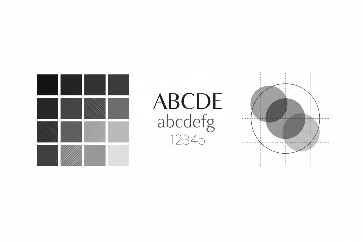 Generate a professional PNG image in black and white showing a visual identity kit concept: color swatches, typography examples, layered design elements. No text, minimal, clear iconographic style.
