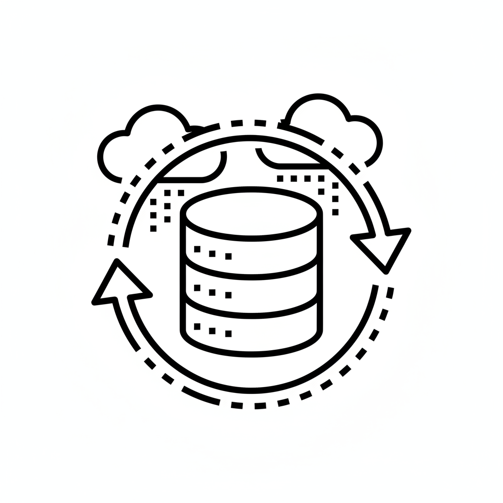 Generate a simple black and white PNG icon or illustration representing automatic website backups. Use visual elements like database snapshots, rotated arrows around a server, or cloud backup imagery. No text.
