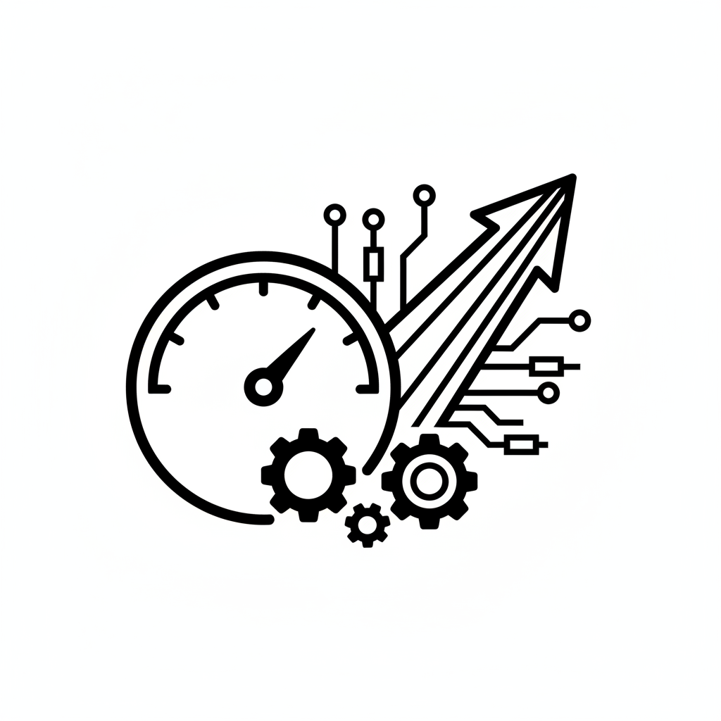 Produce a black and white PNG concept for performance and SEO: include speed gauge icon, upward arrow, or technical optimization symbols. Minimal, clean, no text.
