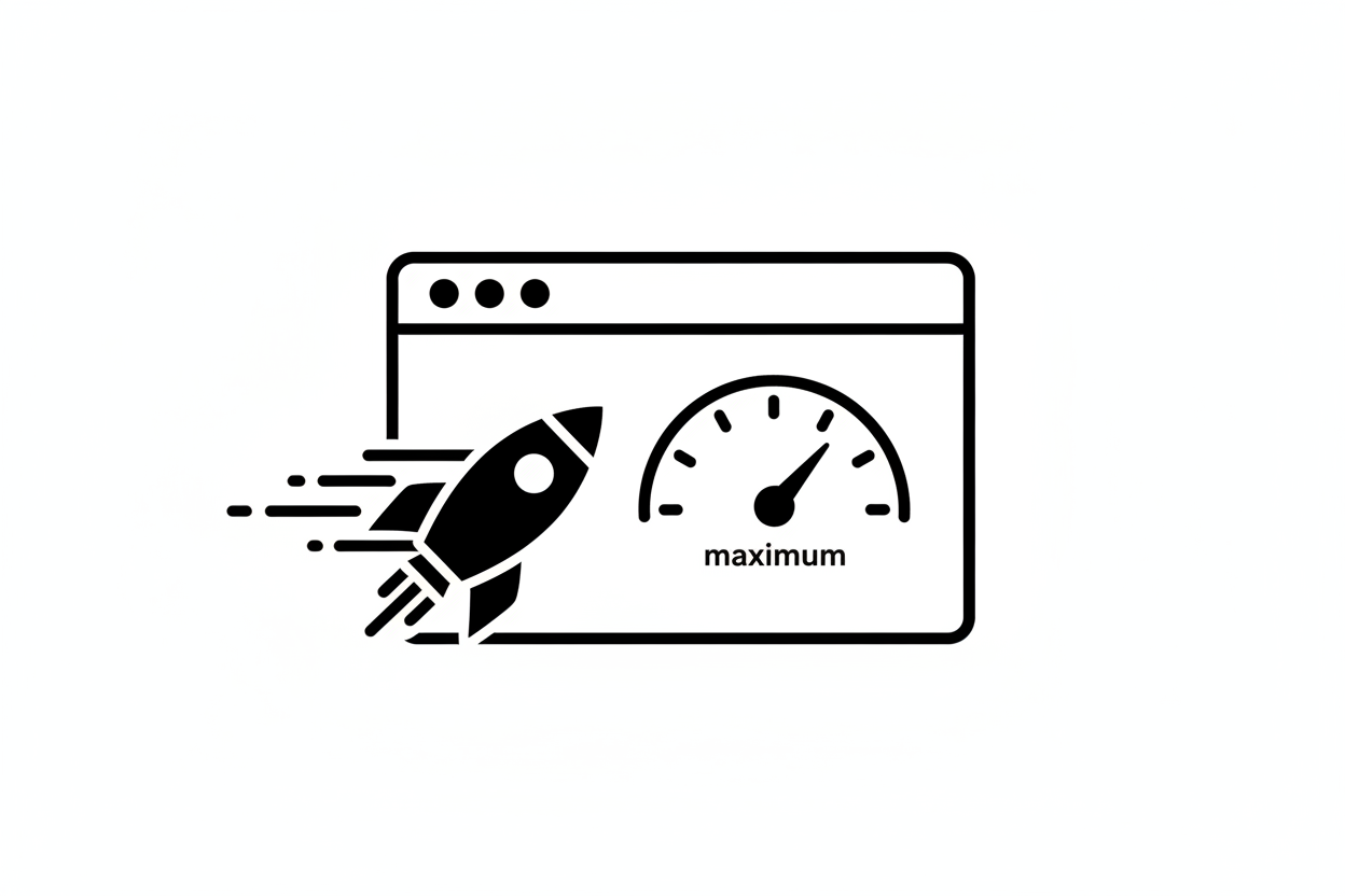 Produce a minimal black and white PNG visualizing high website speed and performance. Use symbols like a speedometer, rocket, or fast arrows integrated with a website frame. No text.
